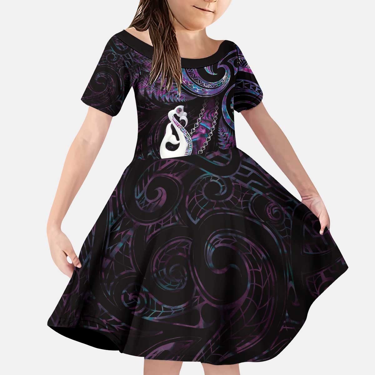 New Zealand Aotearoa Kid Short Sleeve Dress Maori Manaia Paua Shell Glitter Purple LT05 - Vibe Hoodie Shop