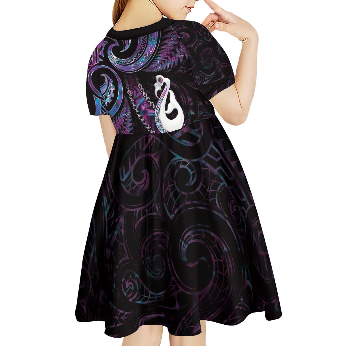 New Zealand Aotearoa Kid Short Sleeve Dress Maori Manaia Paua Shell Glitter Purple LT05 - Vibe Hoodie Shop