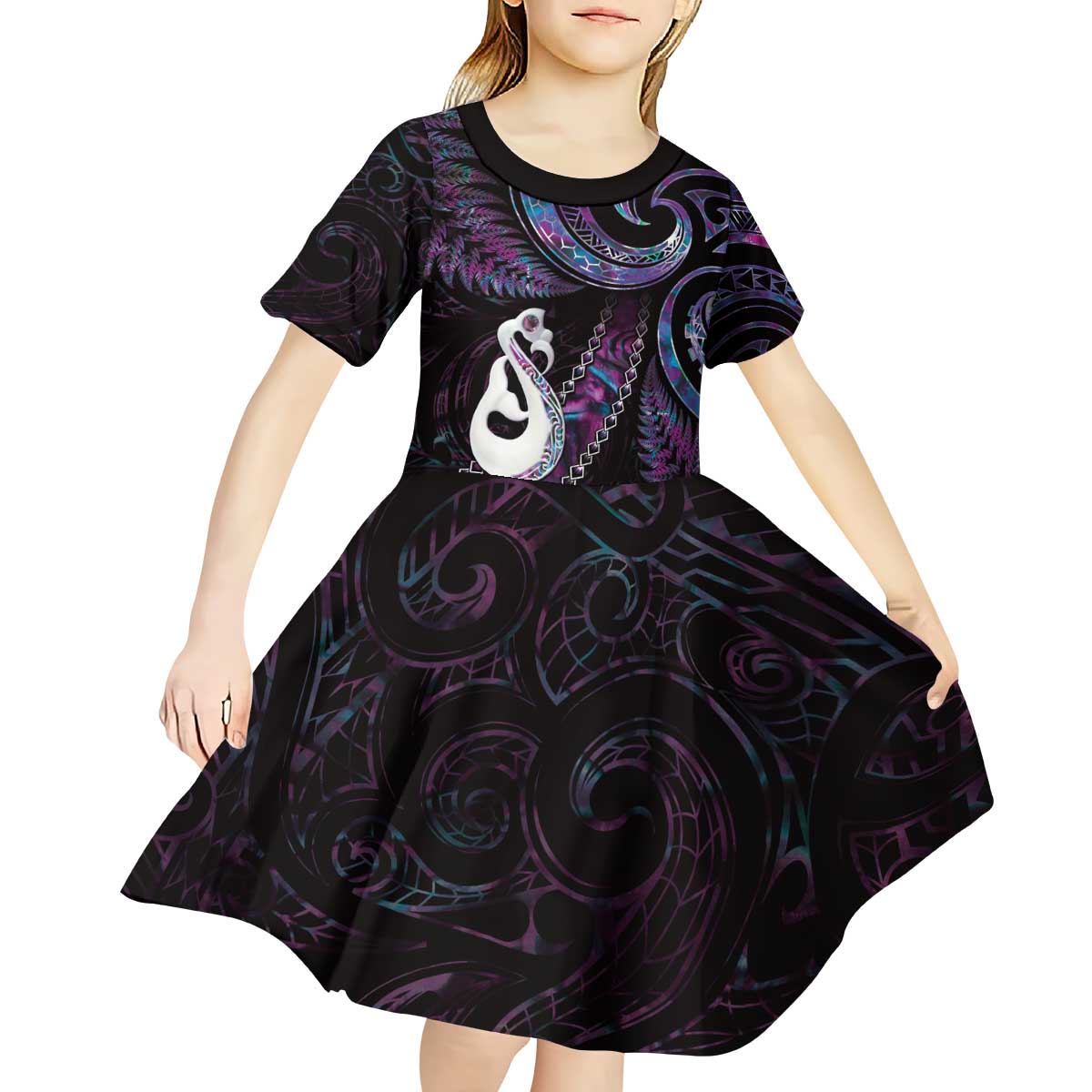 New Zealand Aotearoa Kid Short Sleeve Dress Maori Manaia Paua Shell Glitter Purple LT05 - Vibe Hoodie Shop