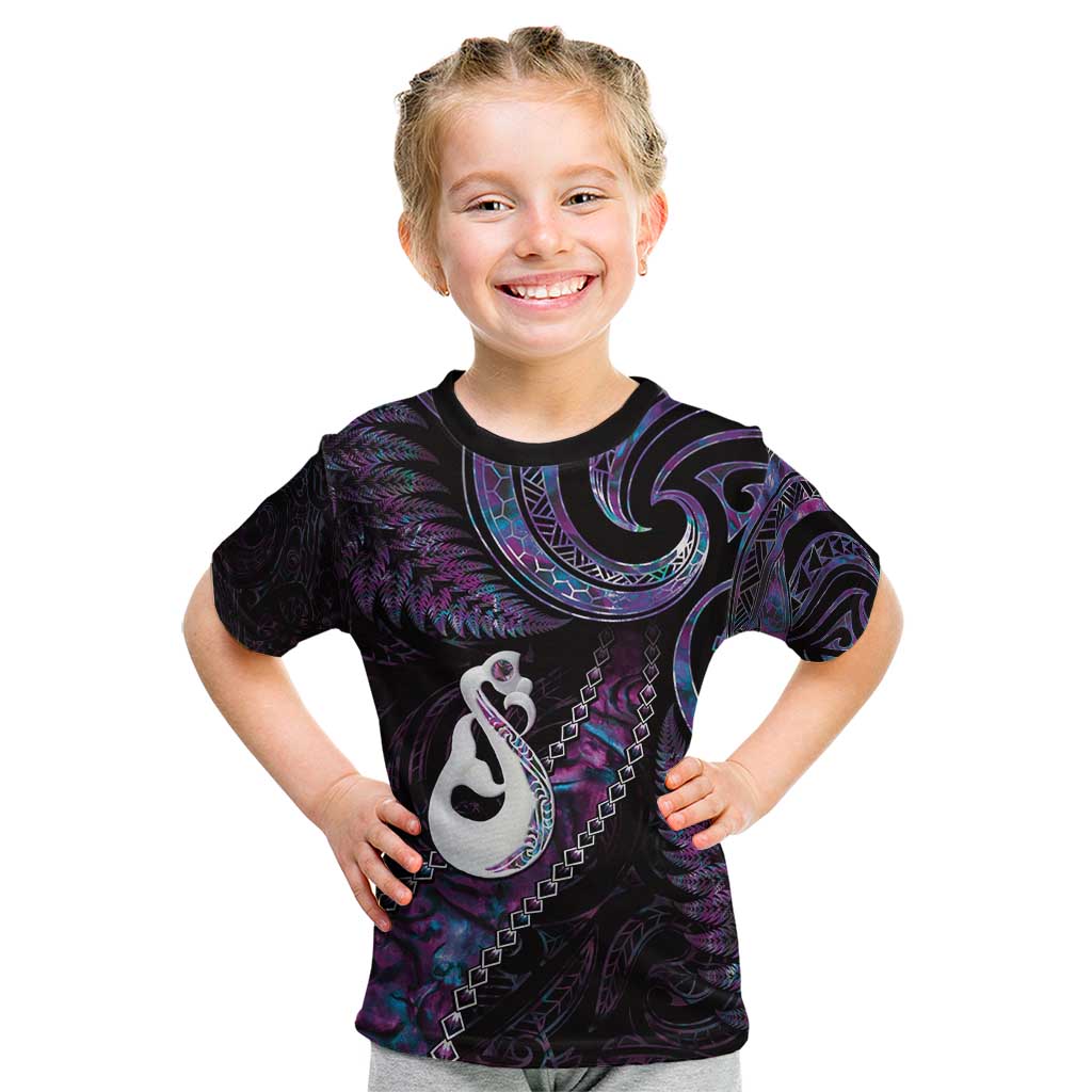 New Zealand Aotearoa Kid T Shirt Maori Manaia Paua Shell Glitter Purple LT05 - Vibe Hoodie Shop