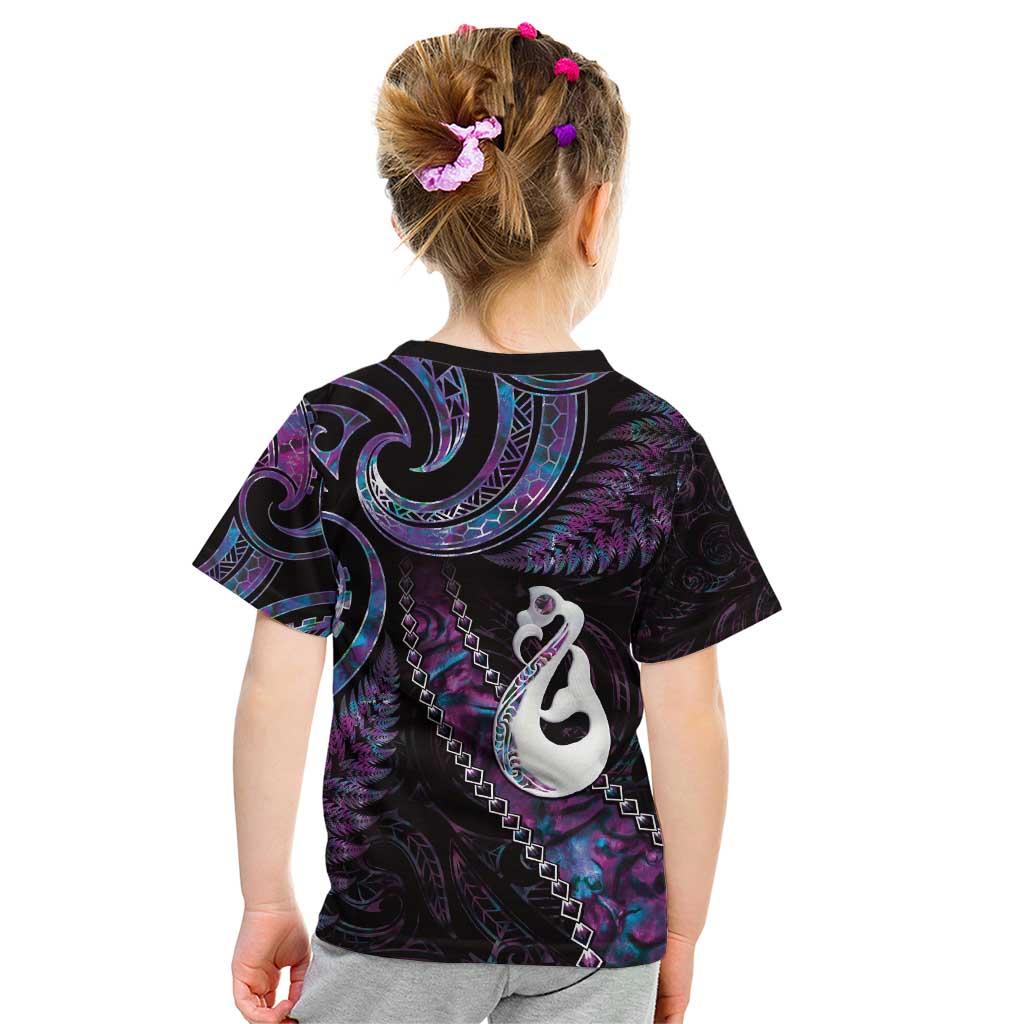 New Zealand Aotearoa Kid T Shirt Maori Manaia Paua Shell Glitter Purple LT05 - Vibe Hoodie Shop