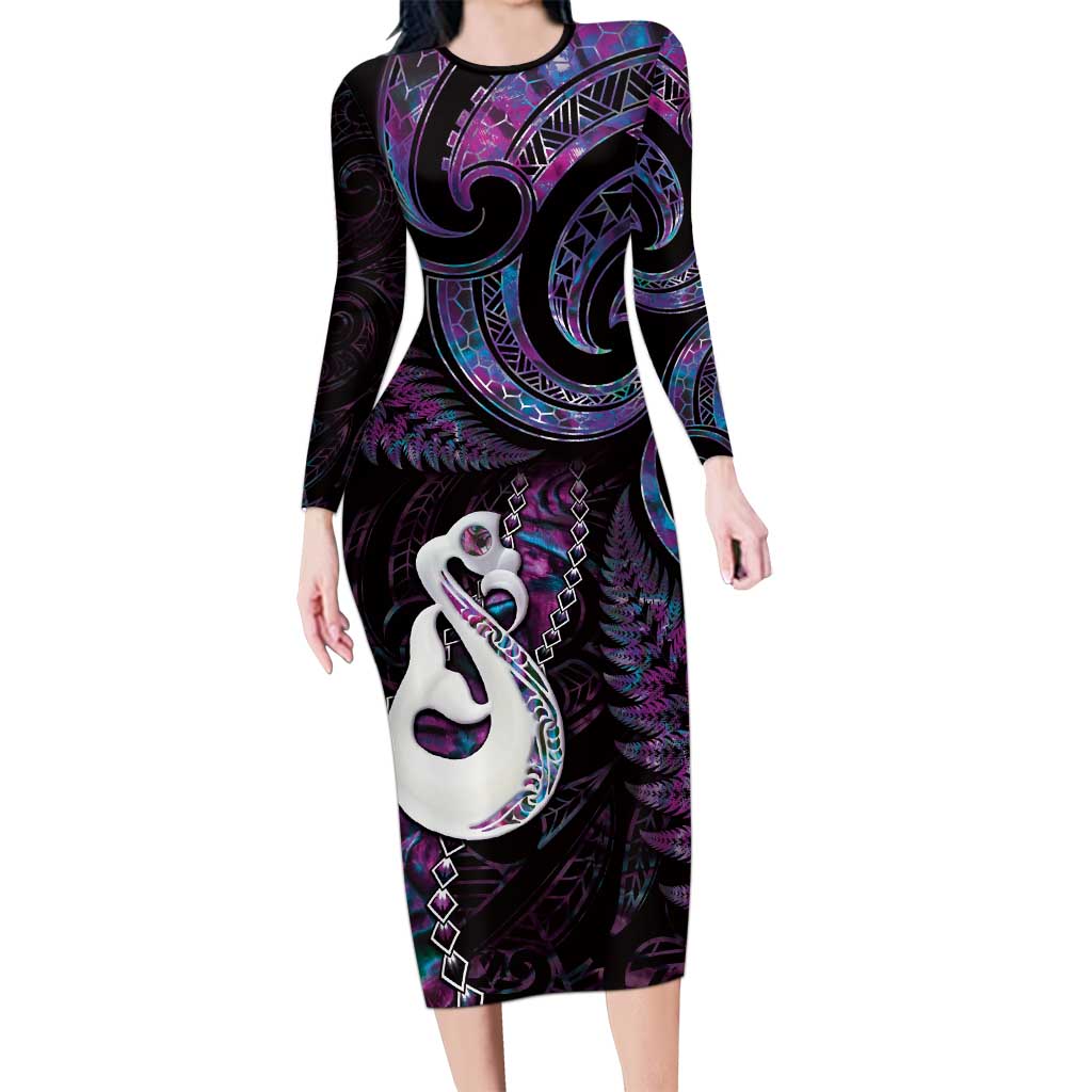 New Zealand Aotearoa Long Sleeve Bodycon Dress Maori Manaia Paua Shell Glitter Purple