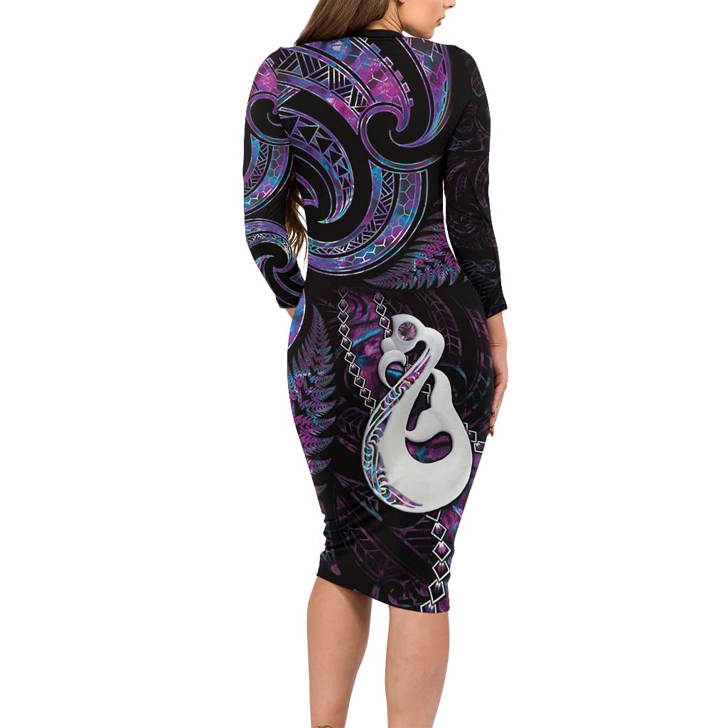 New Zealand Aotearoa Long Sleeve Bodycon Dress Maori Manaia Paua Shell Glitter Purple