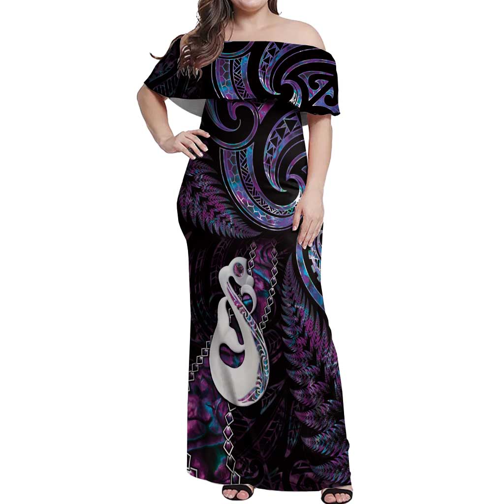 New Zealand Aotearoa Off Shoulder Maxi Dress Maori Manaia Paua Shell Glitter Purple