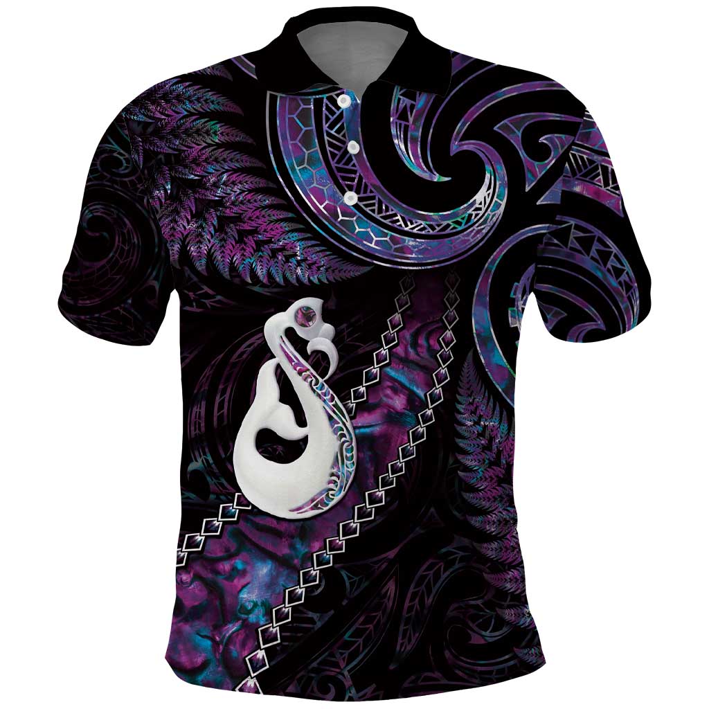 New Zealand Aotearoa Polo Shirt Maori Manaia Paua Shell Glitter Purple LT05 - Vibe Hoodie Shop