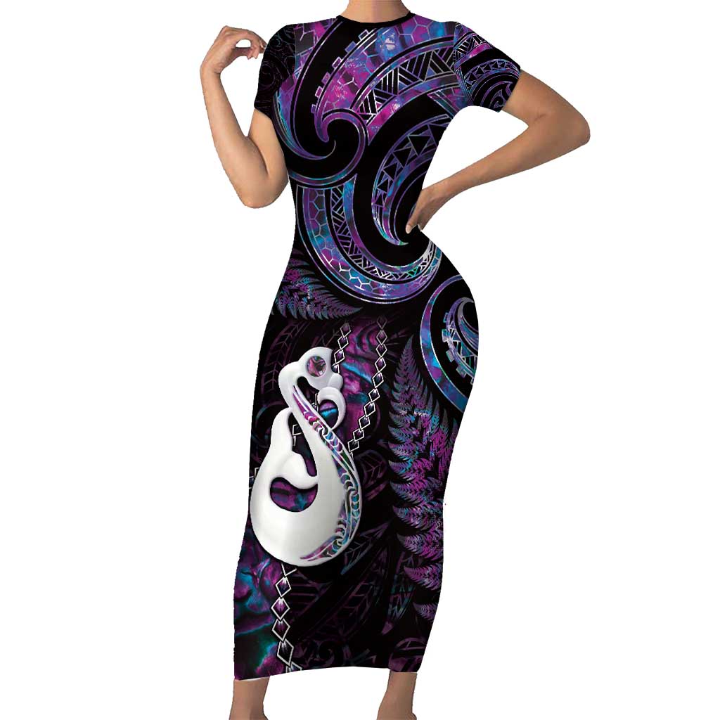 New Zealand Aotearoa Short Sleeve Bodycon Dress Maori Manaia Paua Shell Glitter Purple