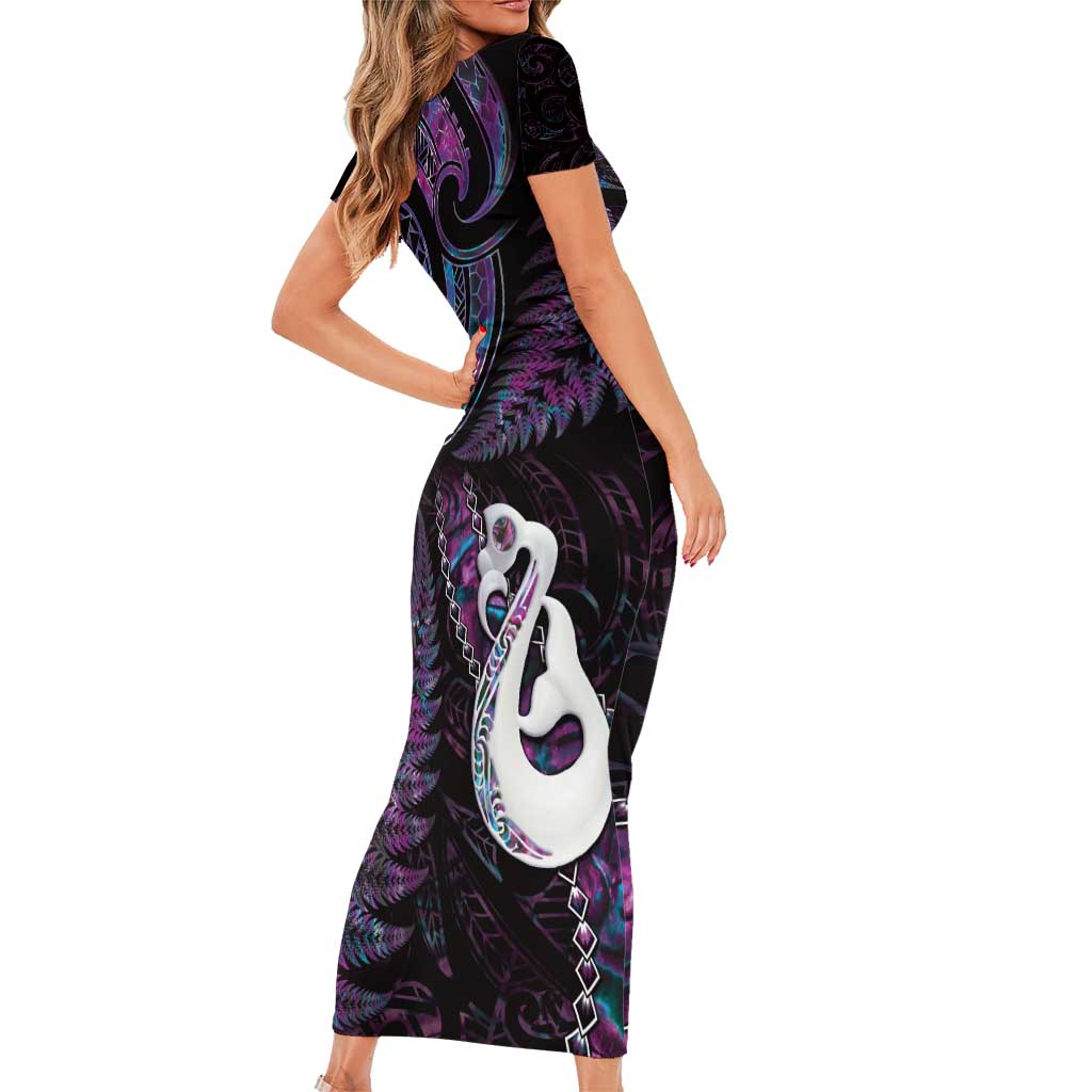 New Zealand Aotearoa Short Sleeve Bodycon Dress Maori Manaia Paua Shell Glitter Purple