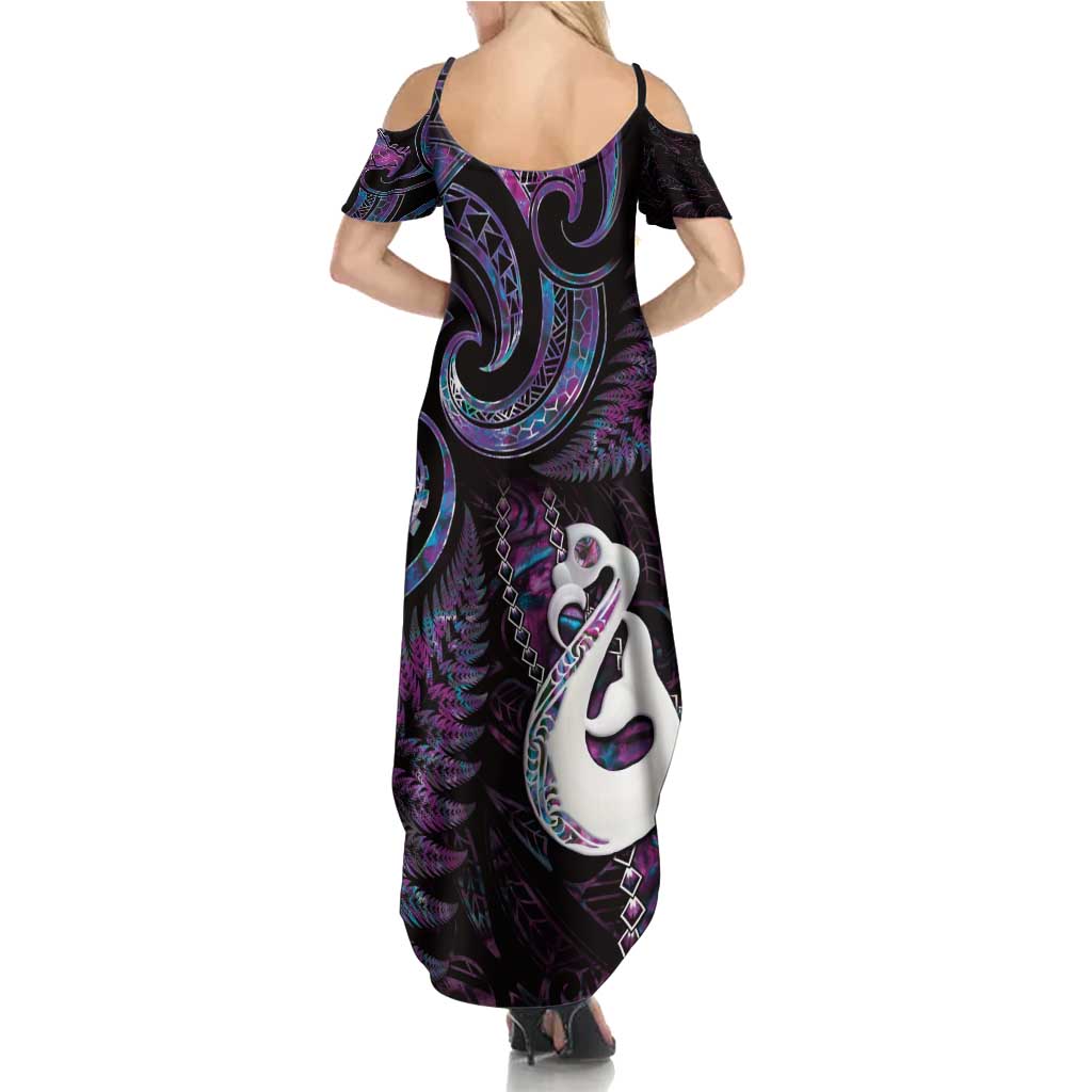 New Zealand Aotearoa Summer Maxi Dress Maori Manaia Paua Shell Glitter Purple