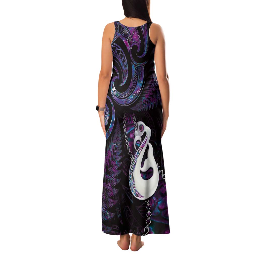 New Zealand Aotearoa Tank Maxi Dress Maori Manaia Paua Shell Glitter Purple