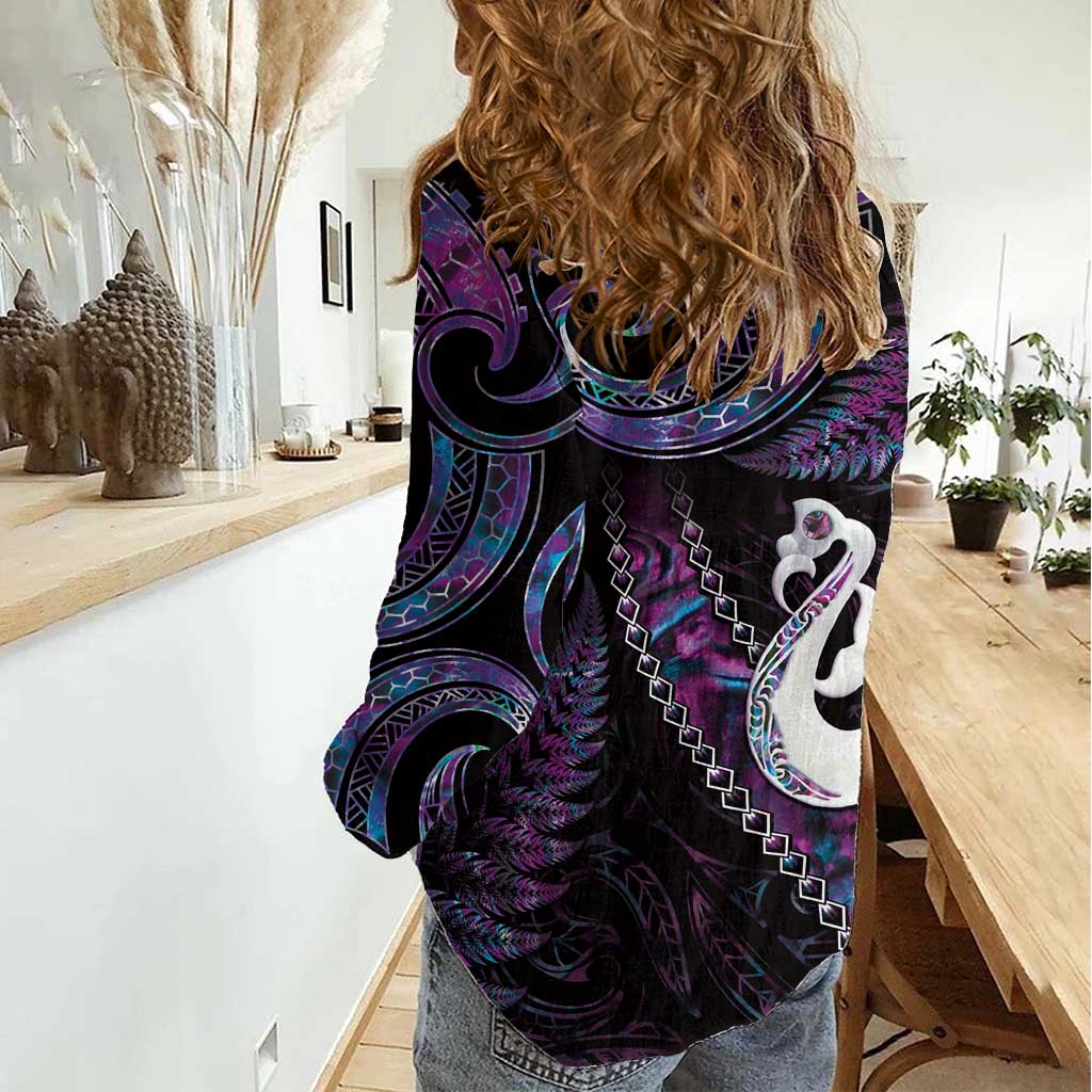 New Zealand Aotearoa Women Casual Shirt Maori Manaia Paua Shell Glitter Purple LT05 - Vibe Hoodie Shop