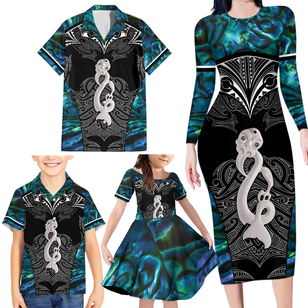 New Zealand Aotearoa Family Matching Long Sleeve Bodycon Dress and Hawaiian Shirt Maori Taniwha Paua Shell