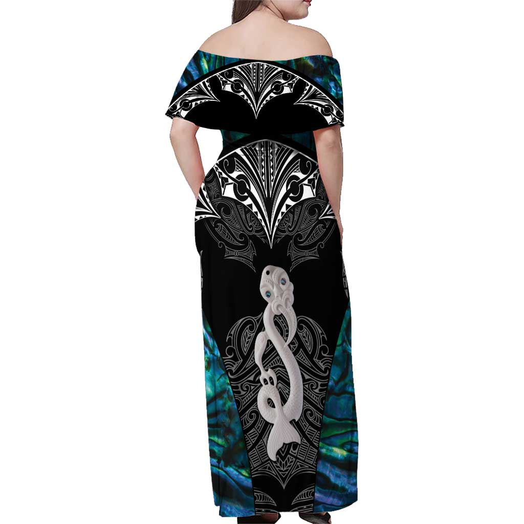 New Zealand Aotearoa Family Matching Off Shoulder Maxi Dress and Hawaiian Shirt Maori Taniwha Paua Shell