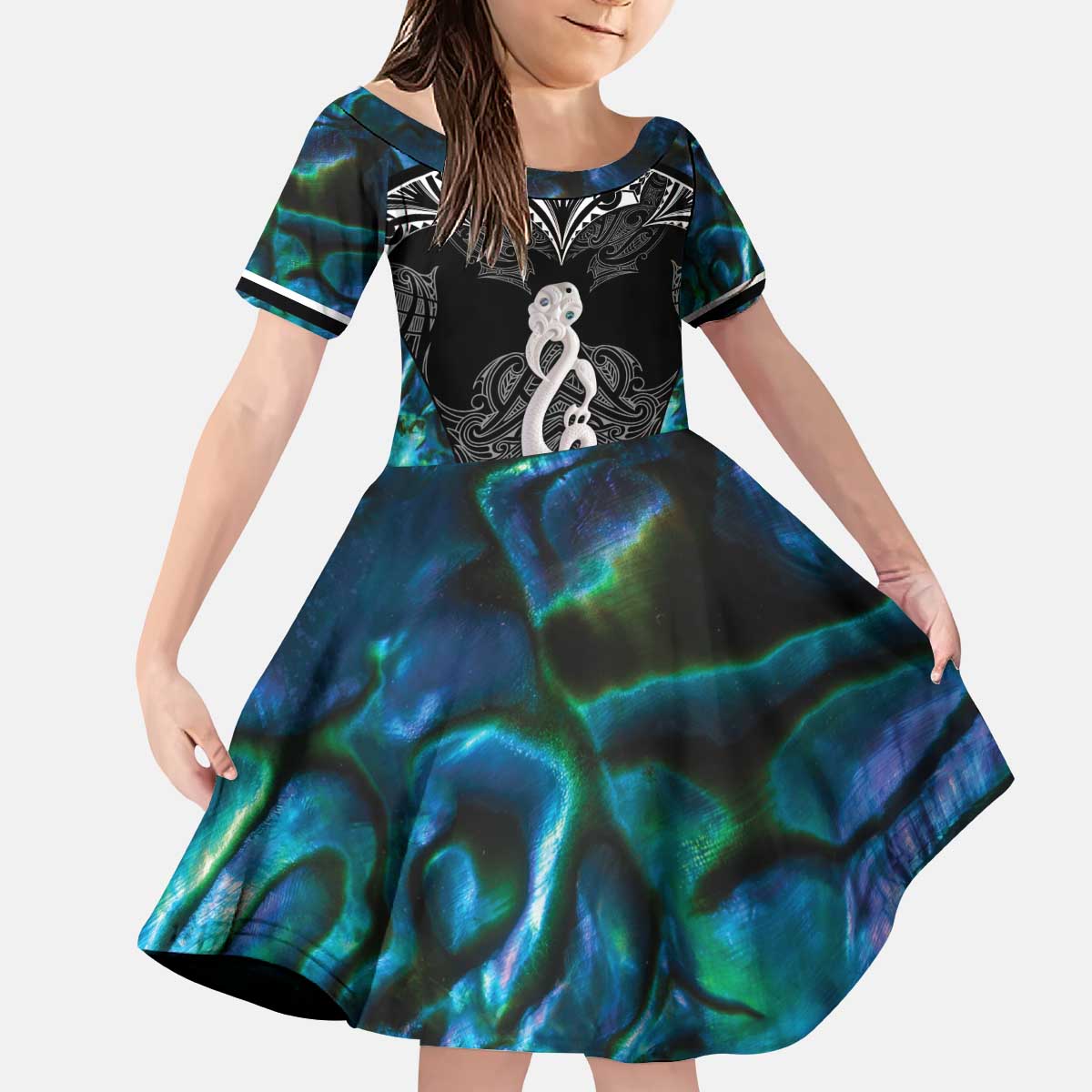 New Zealand Aotearoa Kid Short Sleeve Dress Maori Taniwha Paua Shell LT05 - Vibe Hoodie Shop