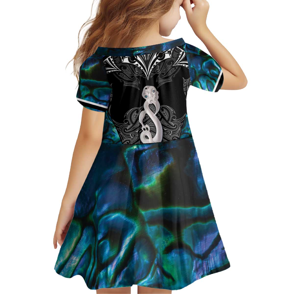 New Zealand Aotearoa Kid Short Sleeve Dress Maori Taniwha Paua Shell LT05 - Vibe Hoodie Shop