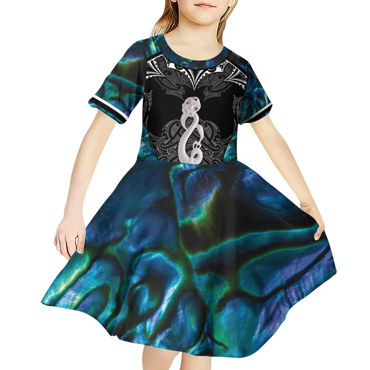 New Zealand Aotearoa Kid Short Sleeve Dress Maori Taniwha Paua Shell LT05 - Vibe Hoodie Shop