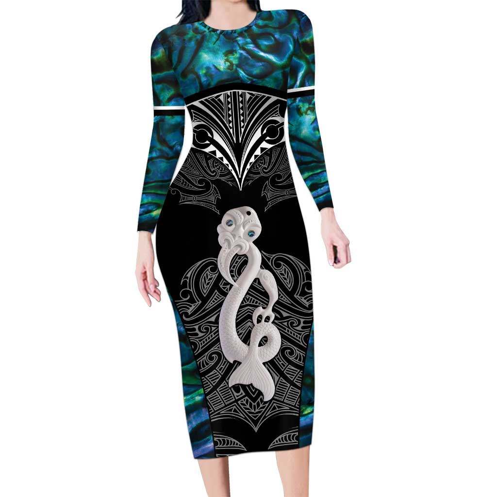 New Zealand Aotearoa Long Sleeve Bodycon Dress Maori Taniwha Paua Shell