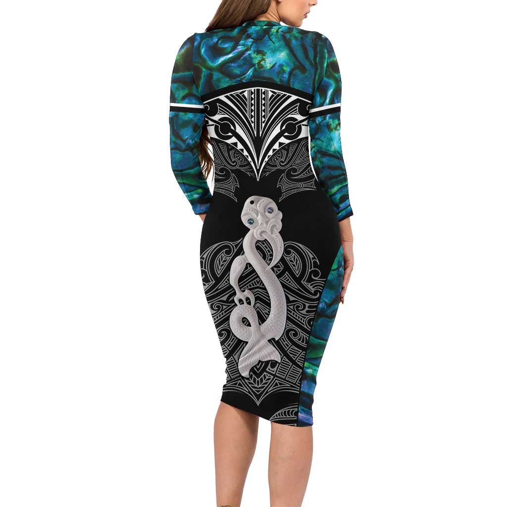 New Zealand Aotearoa Long Sleeve Bodycon Dress Maori Taniwha Paua Shell