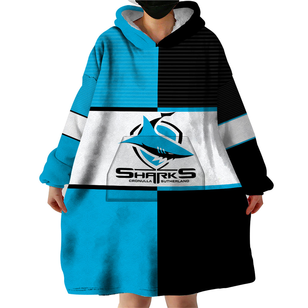 (Custom Text And Number) NRL Sharks Wearable Blanket Hoodie Mix Jersey - Vibe Hoodie Shop