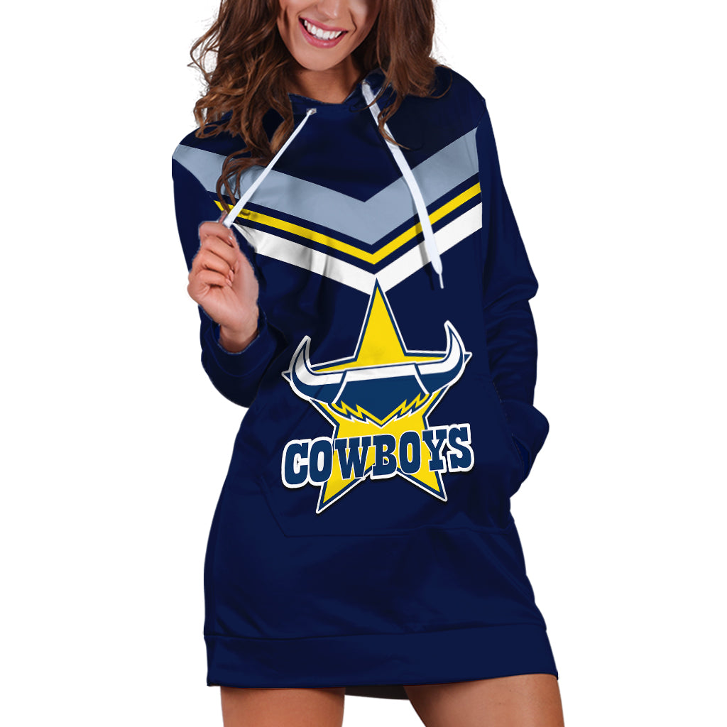 (Custom Text And Number) NRL Cowboys Hoodie Dress New Jersey 2023 Blue - Vibe Hoodie Shop