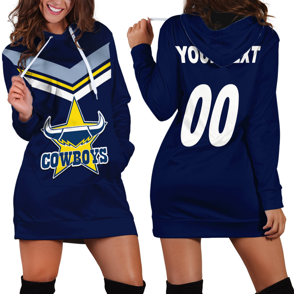 (Custom Text And Number) NRL Cowboys Hoodie Dress New Jersey 2023 Blue - Vibe Hoodie Shop