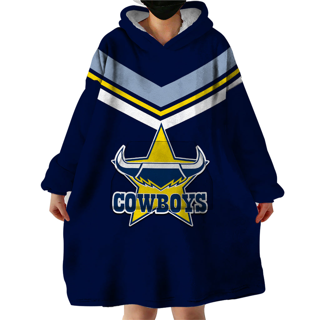 (Custom Text And Number) NRL Cowboys Wearable Blanket Hoodie New Jersey 2023 Blue - Vibe Hoodie Shop