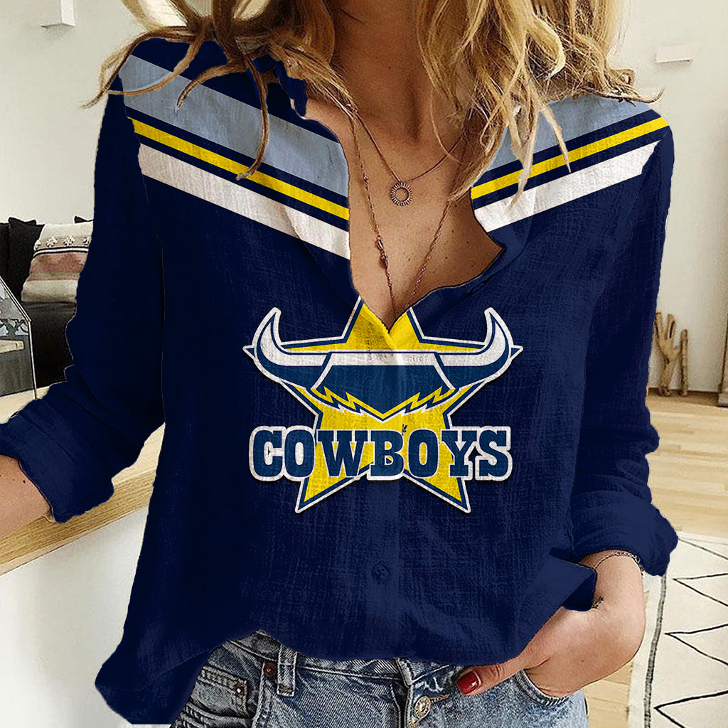 (Custom Text And Number) NRL Cowboys Women Casual Shirt New Jersey 2023 Blue - Vibe Hoodie Shop