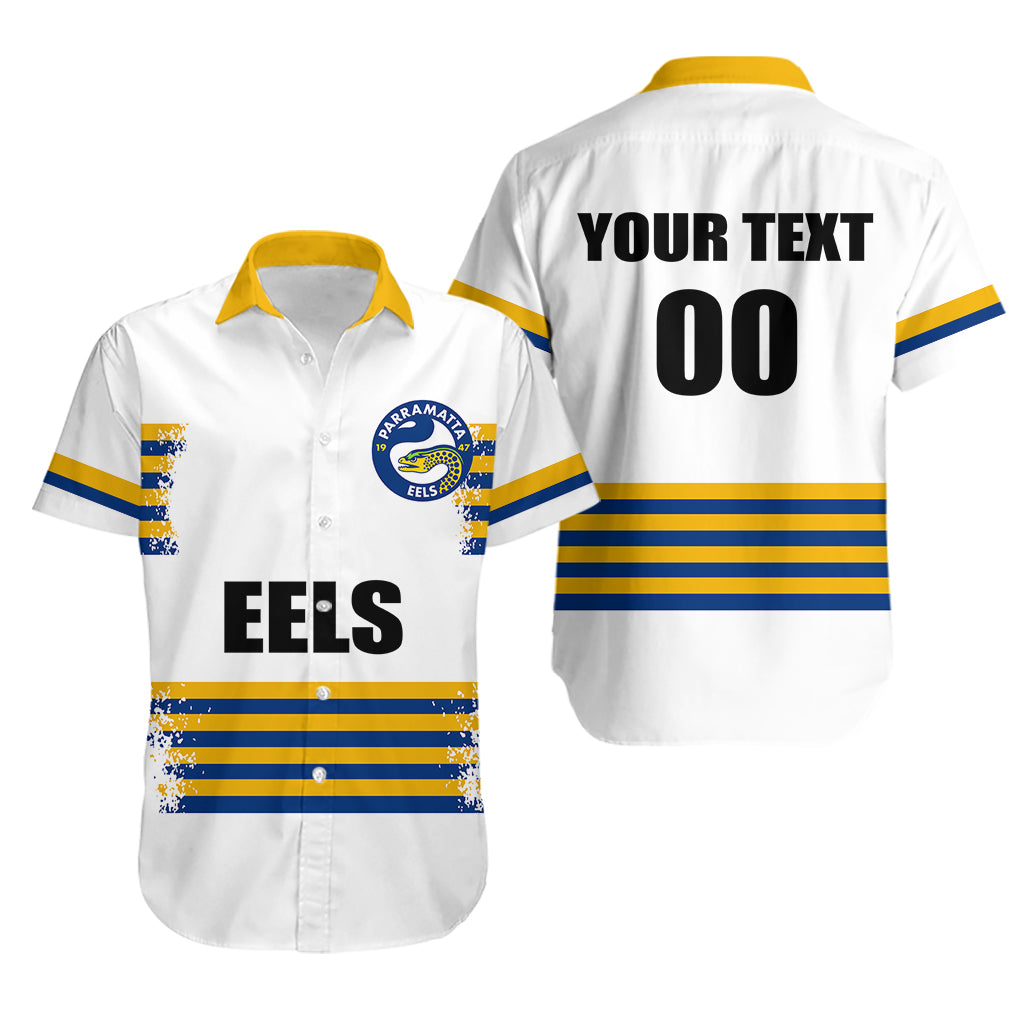 (Custom Personalised And Number) EELS NRL Hawaiian Shirt 2023 Simple White Style - Vibe Hoodie Shop