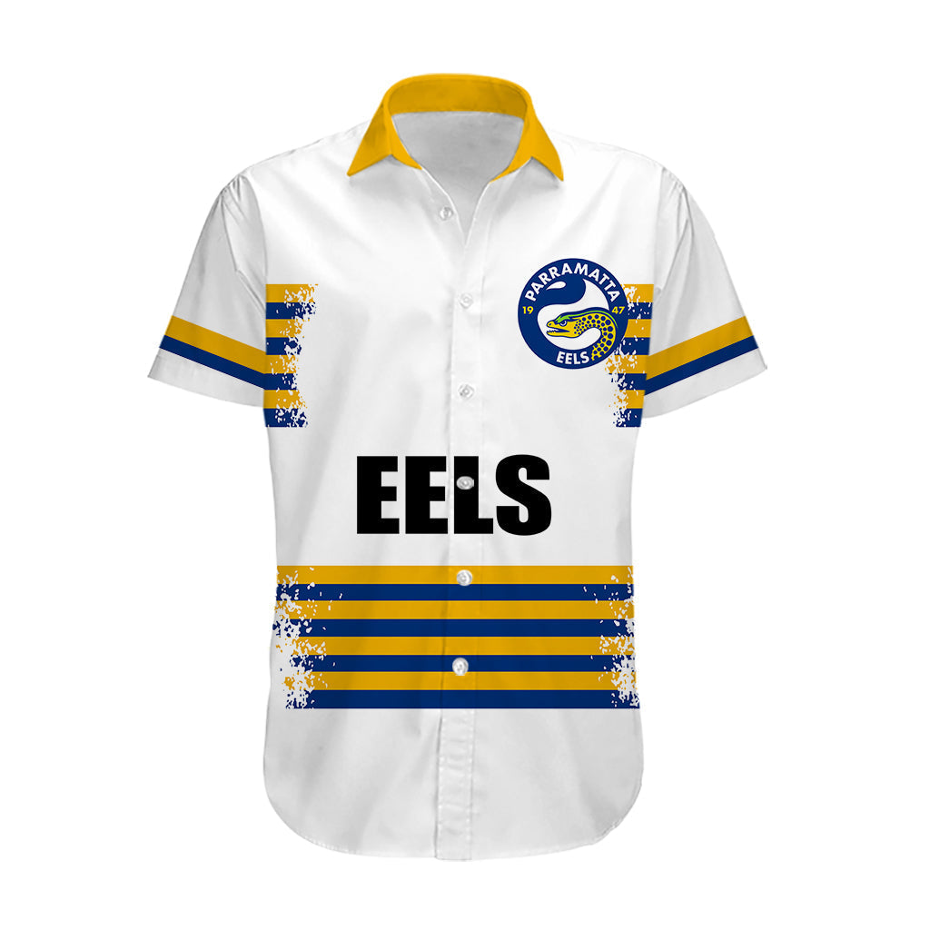 (Custom Personalised And Number) EELS NRL Hawaiian Shirt 2023 Simple White Style - Vibe Hoodie Shop