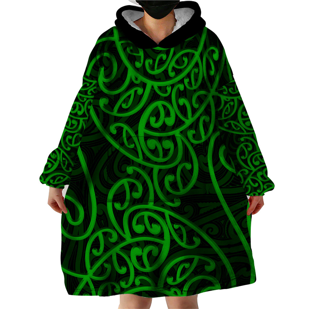 New Zealand Wearable Blanket Hoodie Maori Pattern Green - Vibe Hoodie Shop