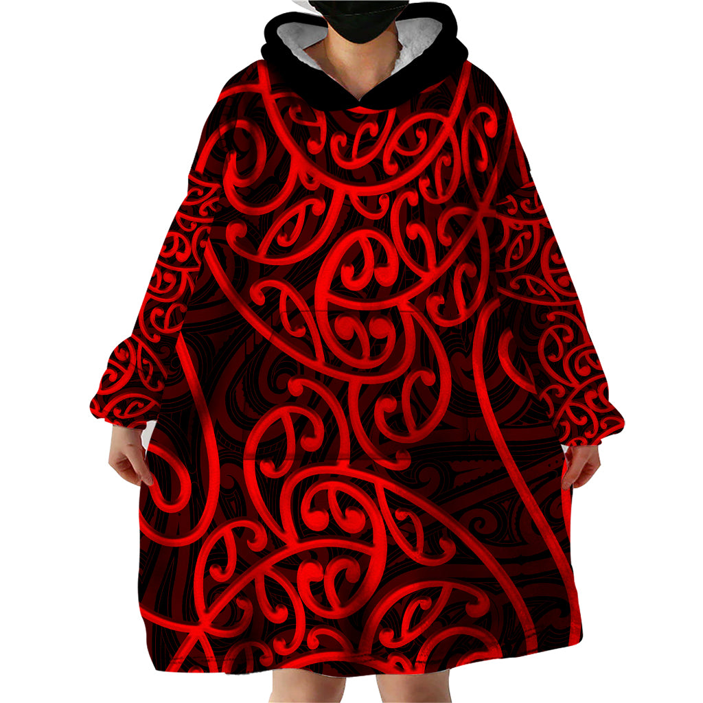 New Zealand Wearable Blanket Hoodie Maori Pattern Red - Vibe Hoodie Shop