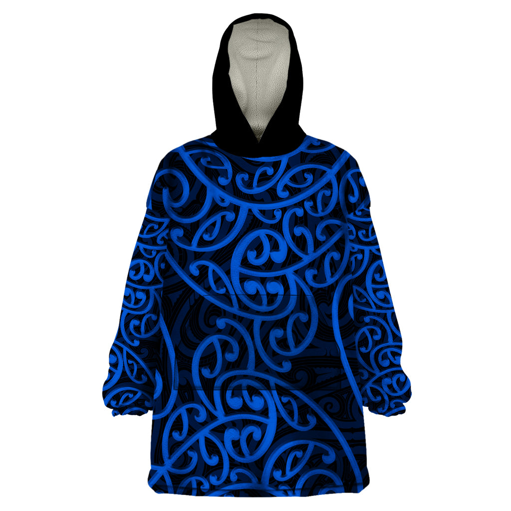 New Zealand Wearable Blanket Hoodie Maori Pattern Blue - Vibe Hoodie Shop