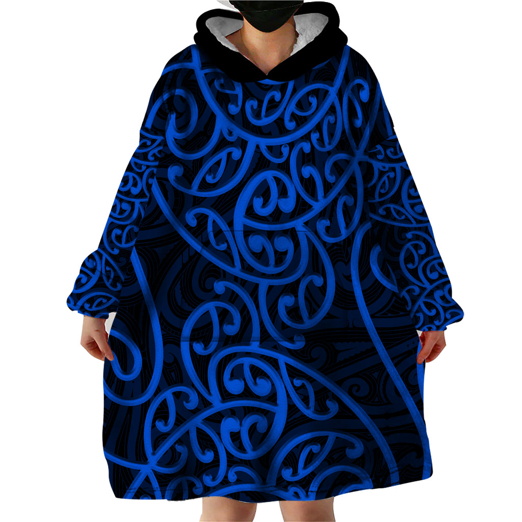 New Zealand Wearable Blanket Hoodie Maori Pattern Blue - Vibe Hoodie Shop