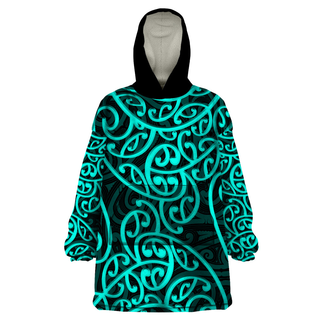 New Zealand Wearable Blanket Hoodie Maori Pattern Turquoise - Vibe Hoodie Shop