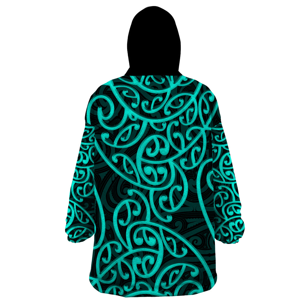 New Zealand Wearable Blanket Hoodie Maori Pattern Turquoise - Vibe Hoodie Shop