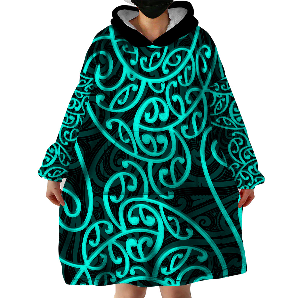 New Zealand Wearable Blanket Hoodie Maori Pattern Turquoise - Vibe Hoodie Shop