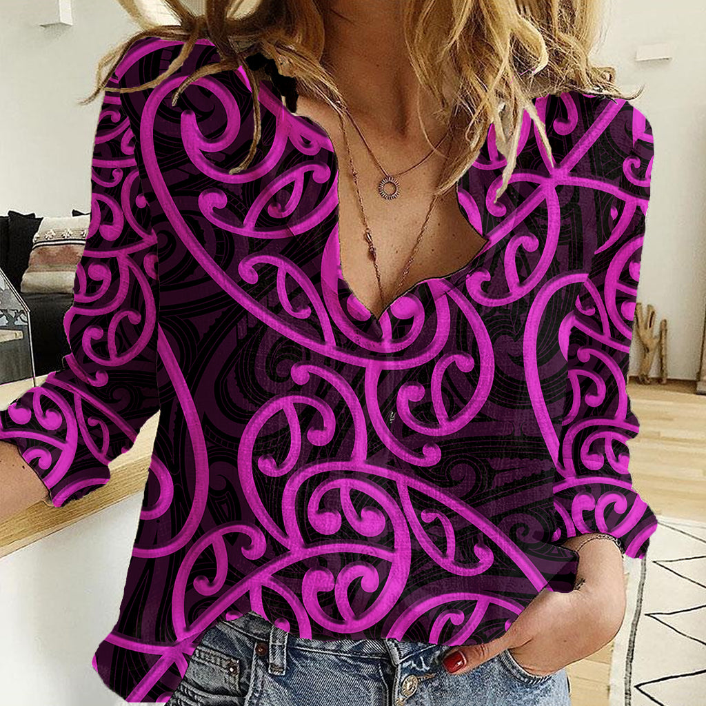 New Zealand Women Casual Shirt Maori Pattern Purple - Vibe Hoodie Shop