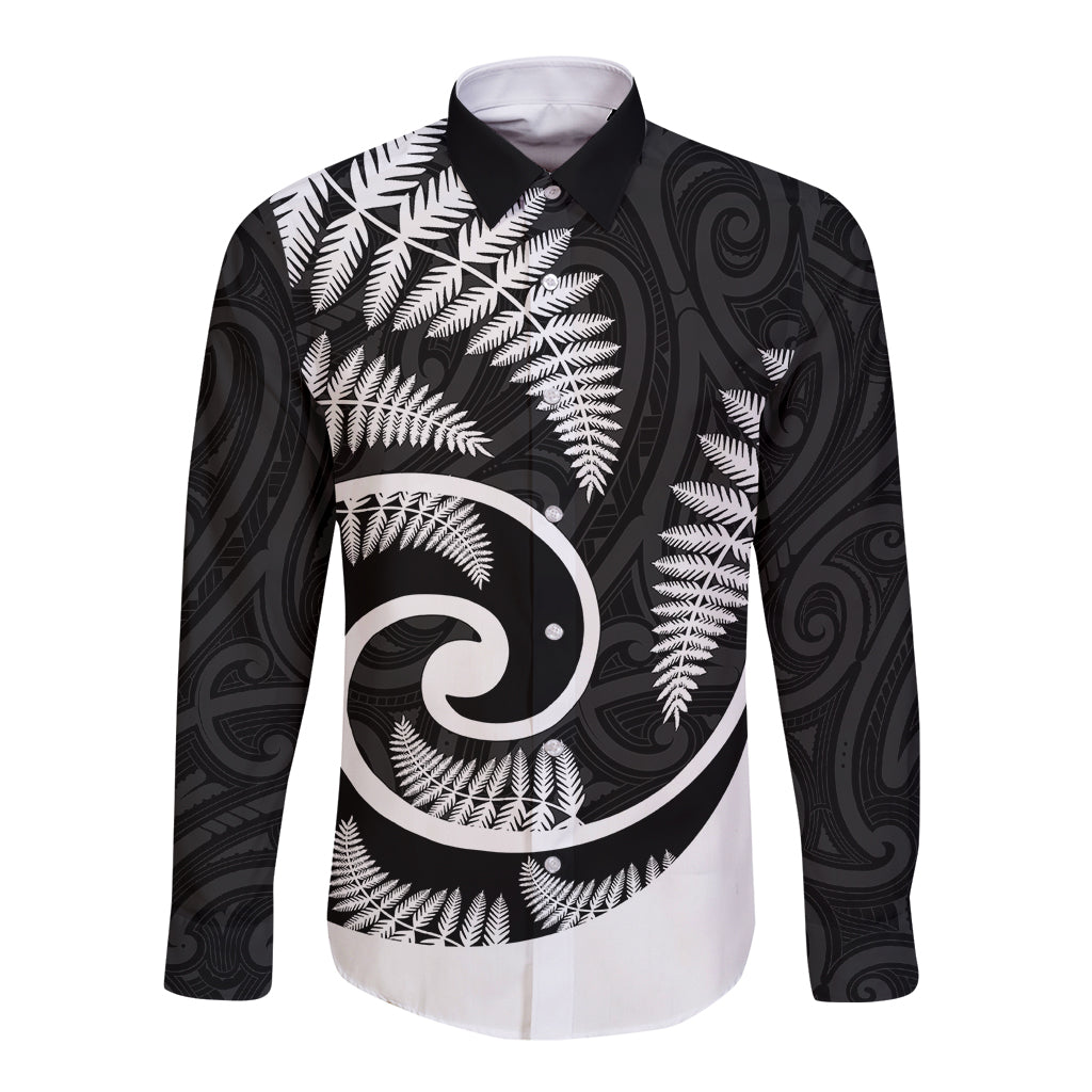 New Zealand Long Sleeve Button Shirt Maori With Silver Fern White - Vibe Hoodie Shop