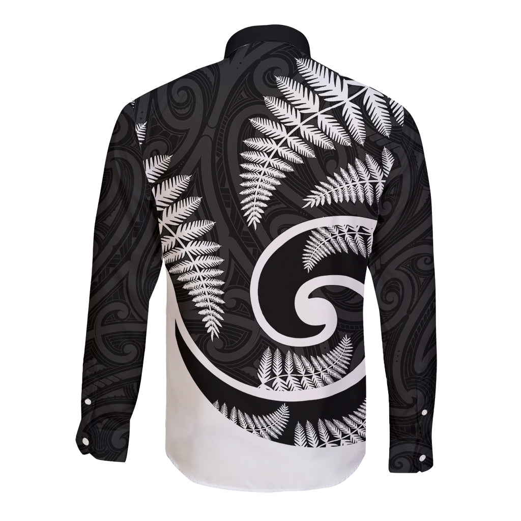 New Zealand Long Sleeve Button Shirt Maori With Silver Fern White - Vibe Hoodie Shop