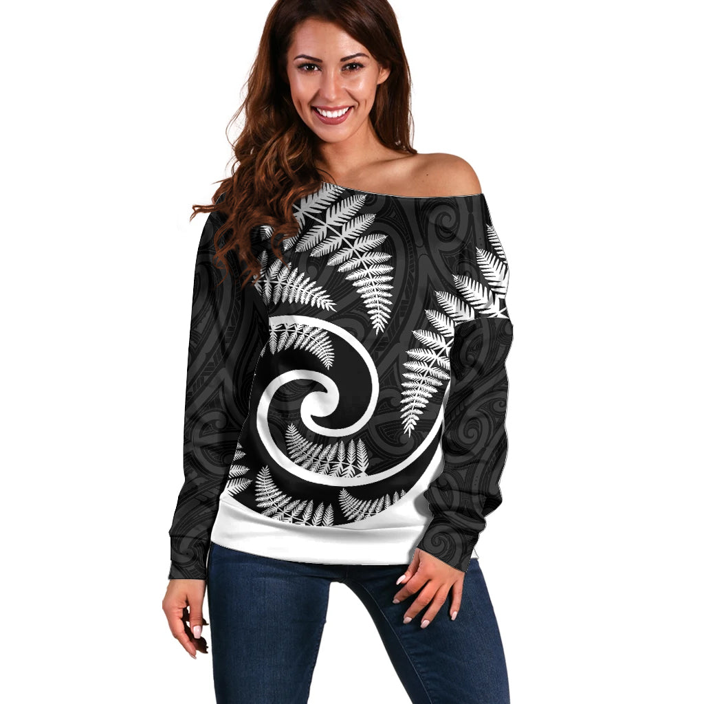 New Zealand Off Shoulder Sweater Maori With Silver Fern White - Vibe Hoodie Shop