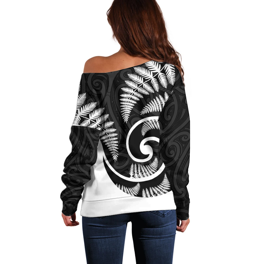 New Zealand Off Shoulder Sweater Maori With Silver Fern White - Vibe Hoodie Shop