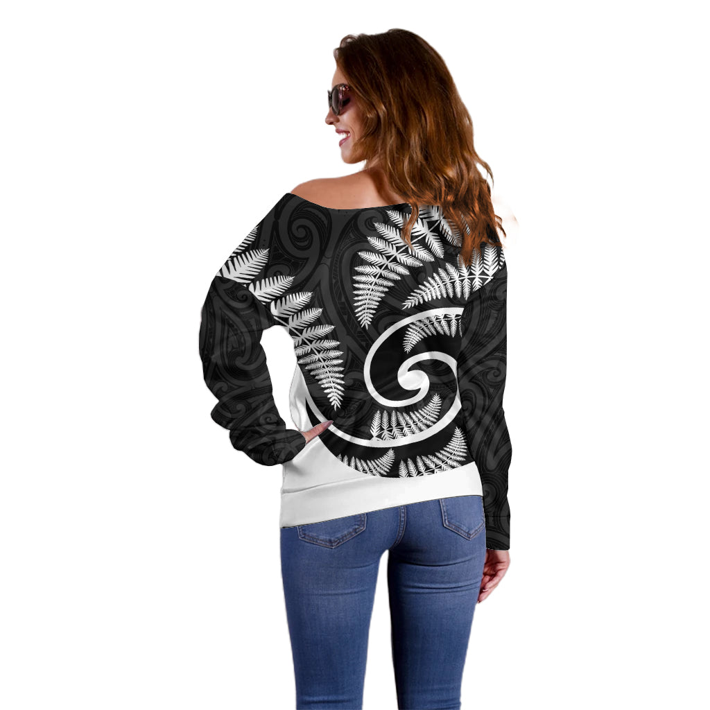 New Zealand Off Shoulder Sweater Maori With Silver Fern White - Vibe Hoodie Shop