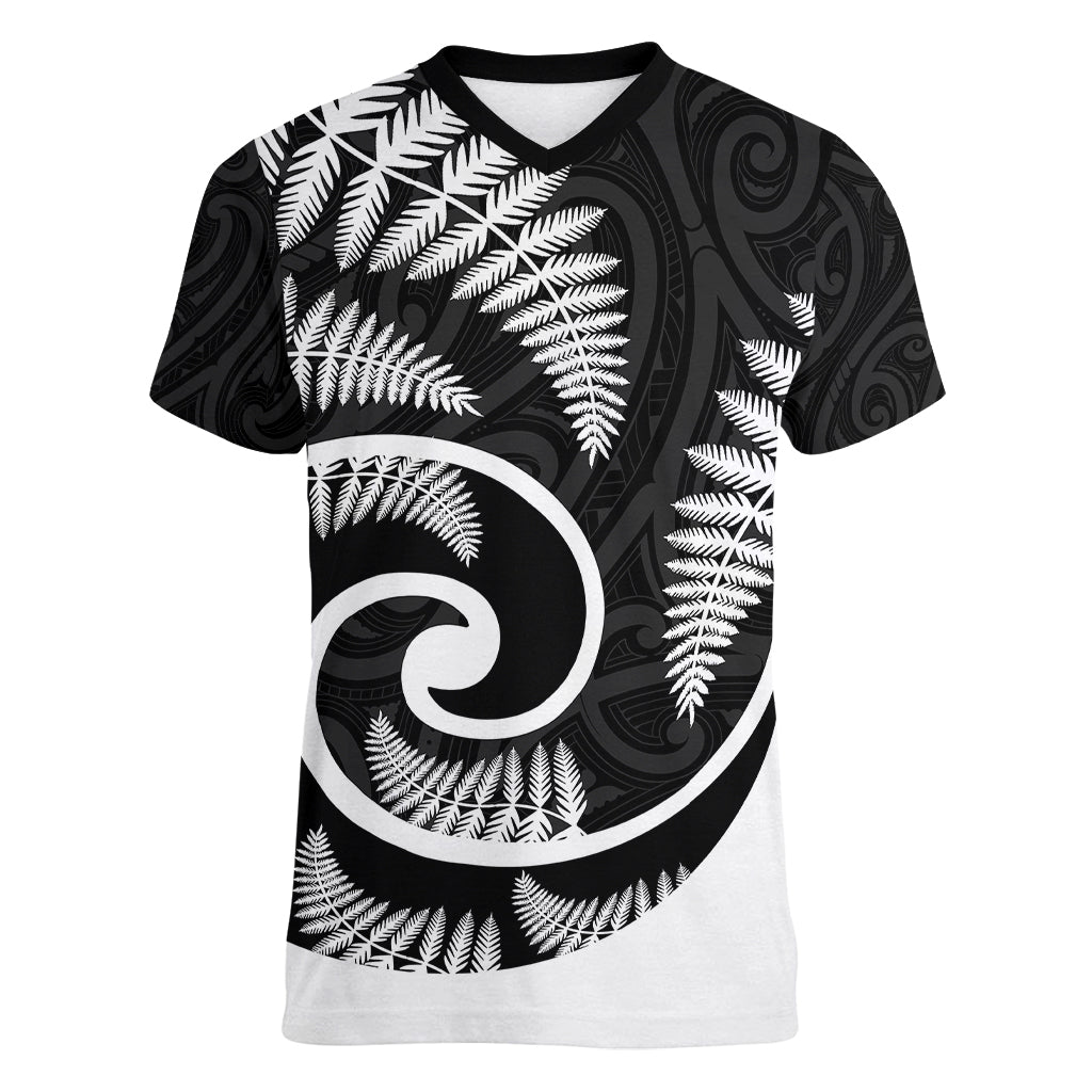 New Zealand Women V Neck T Shirt Maori With Silver Fern White - Vibe Hoodie Shop