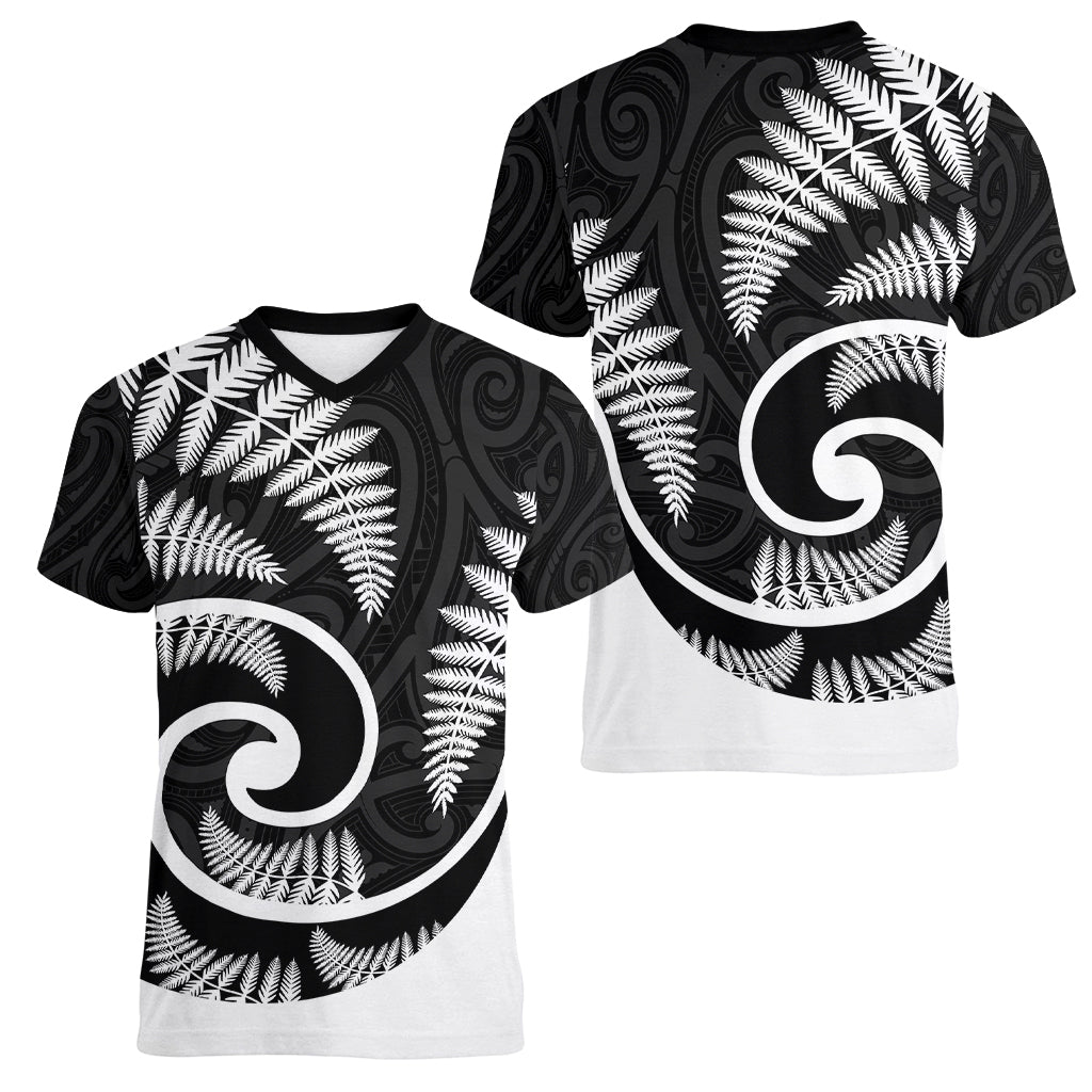 New Zealand Women V Neck T Shirt Maori With Silver Fern White - Vibe Hoodie Shop