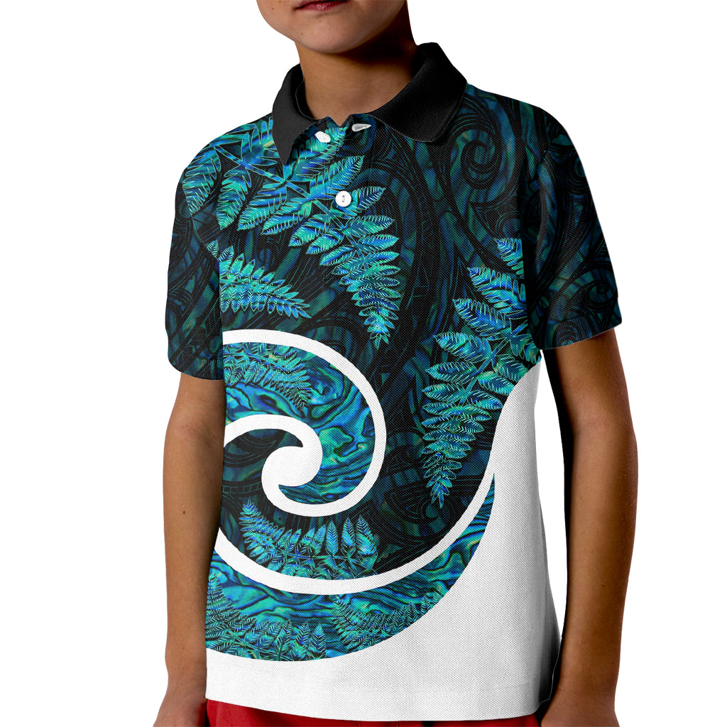 New Zealand Kid Polo Shirt Maori With Silver Fern Papua Shell Green Ver.1 - Vibe Hoodie Shop