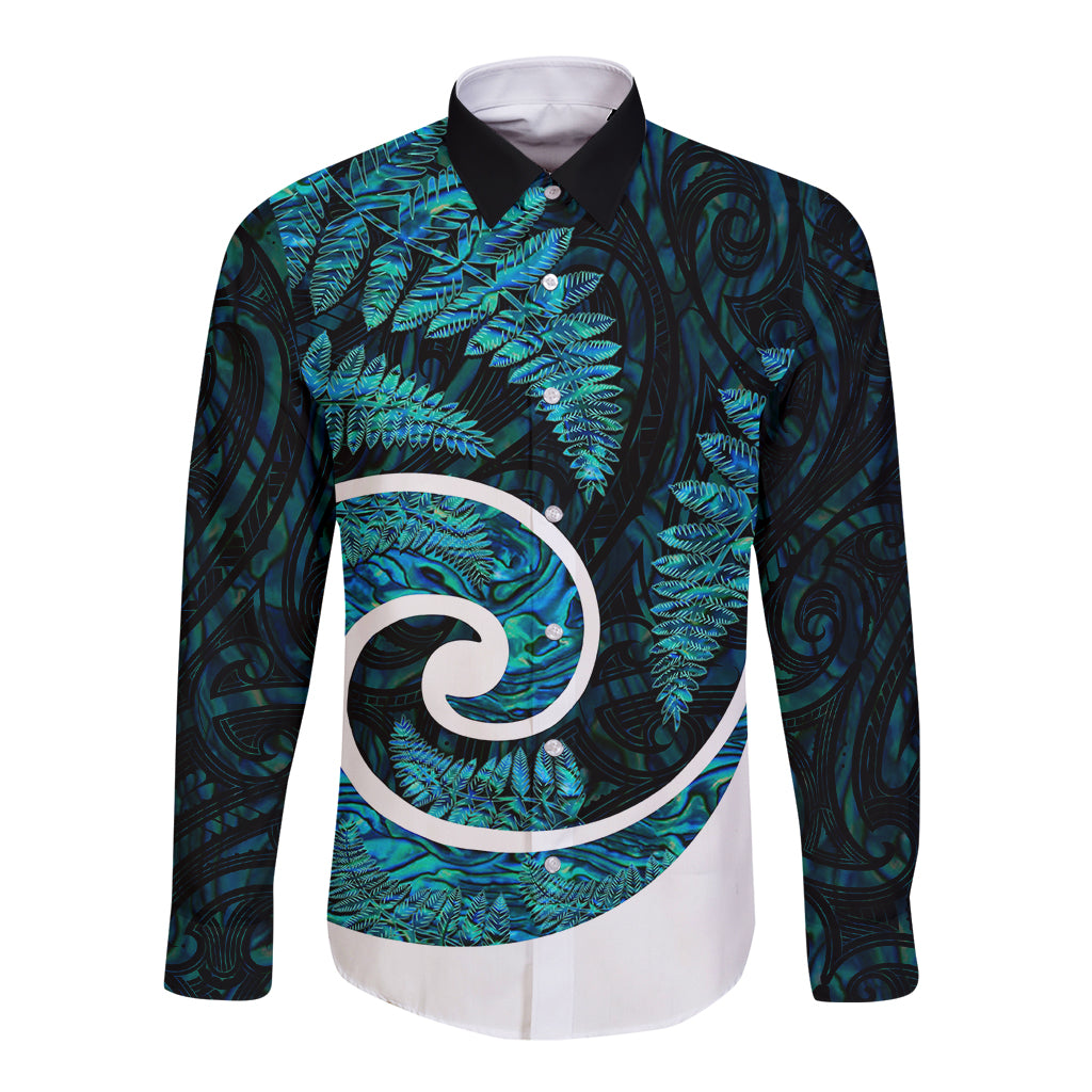 New Zealand Long Sleeve Button Shirt Maori With Silver Fern Papua Shell Green Ver.1 - Vibe Hoodie Shop