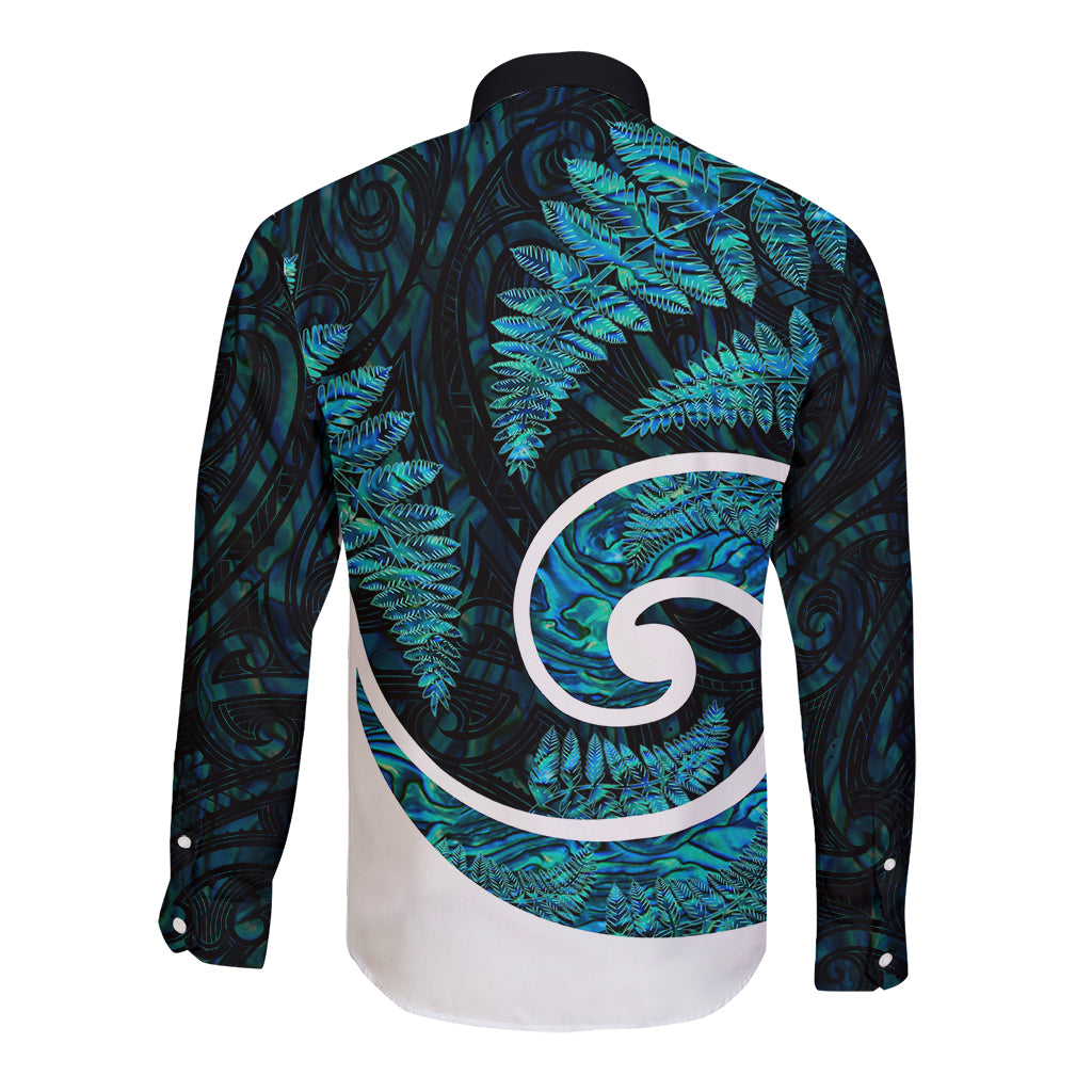 New Zealand Long Sleeve Button Shirt Maori With Silver Fern Papua Shell Green Ver.1 - Vibe Hoodie Shop