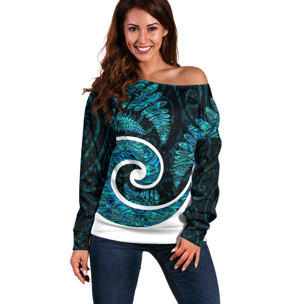 New Zealand Off Shoulder Sweater Maori With Silver Fern Papua Shell Green Ver.1 - Vibe Hoodie Shop