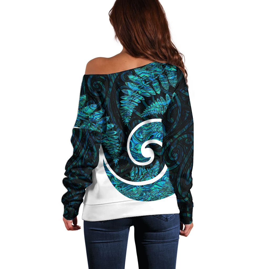 New Zealand Off Shoulder Sweater Maori With Silver Fern Papua Shell Green Ver.1 - Vibe Hoodie Shop