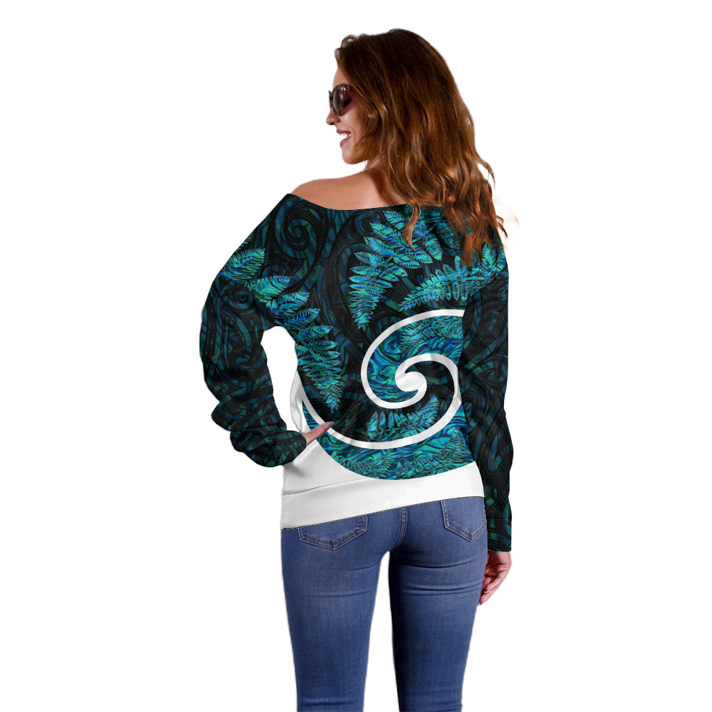 New Zealand Off Shoulder Sweater Maori With Silver Fern Papua Shell Green Ver.1 - Vibe Hoodie Shop