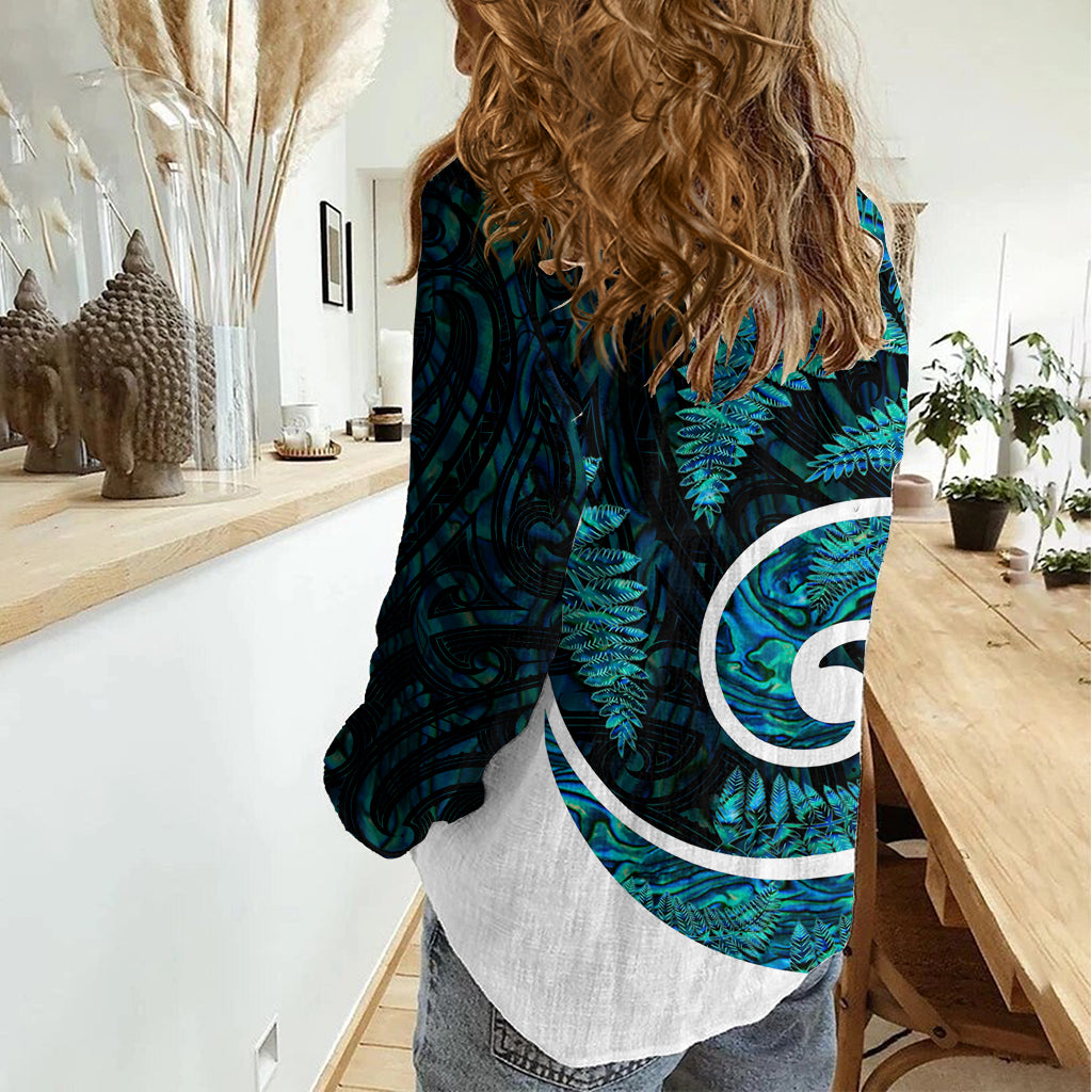 New Zealand Women Casual Shirt Maori With Silver Fern Papua Shell Green Ver.1 - Vibe Hoodie Shop